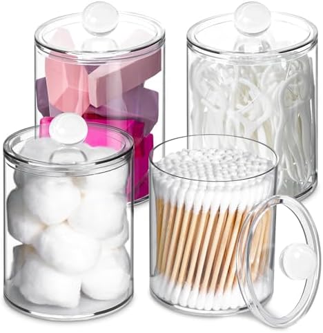 4 Pcs Acrylic Qtip Holder, Cotton Ball Holder Jars with Lids, Clear