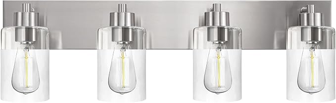 4-Light Bathroom Vanity Light Fixtures, Modern Bathroom Light Fixture with Clear Glass Brushed Nickel Finish Vanity Lights Over Mirror for Kitchen Bedroom Living Room