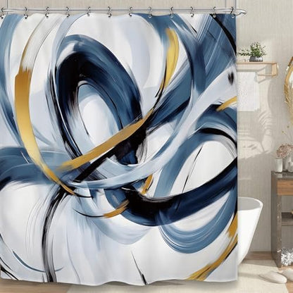 Abstract Navy Blue Shower Curtain 60Wx72L Inch Modern Neutral Minimalist Contemporary Art Bathroom Set Accessories Decor with 12 Pack Hooks