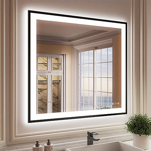 ISKM 40x38 Framed LED Bathroom Mirror, Dimmable Front & Backlit, Anti-Fog