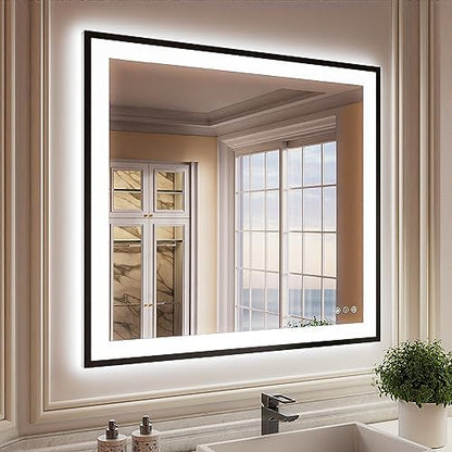 ISKM 40x38 Framed LED Bathroom Mirror, Dimmable Front & Backlit, Anti-Fog