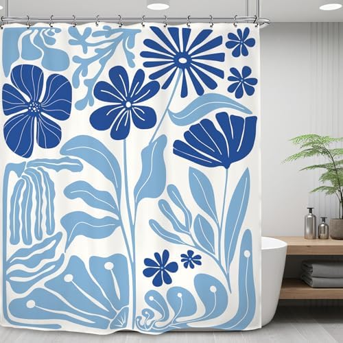 Abstract Blue Matisse Flower Shower Curtain 60Wx72L Inch Retro Vintage Aesthetic Minimalist Cute Art 70s Trendy Modern Bathroom Set Accessories Decor with 12 Pack Hooks