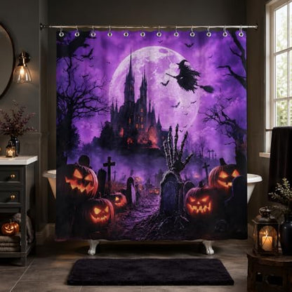 Halloween Shower Curtain, Purple Gothic Castle Bathroom Curtain, Witch Moon Bats Pumpkin Graveyard Spooky Waterproof Polyester Fabric Bath Curtain with Hooks 72x72 Inch