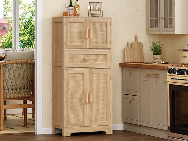 TEENFON 47.2" H Tall Storage Cabinet with Adjustable Shelf, Rattan Cabinet, Cupboard for Living Room, Dining Room, Entryway, Home Office, Natural