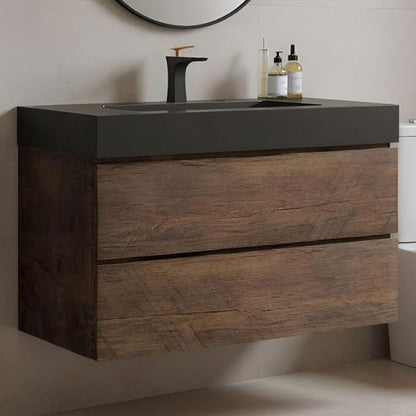 30" Floating Bathroom Vanity with Matte Black Sink, Modern Bathroom Cabinet with Top and Soft Close Drawers, Spacious Storage for Small Space, Walnut - Lavanda Collection