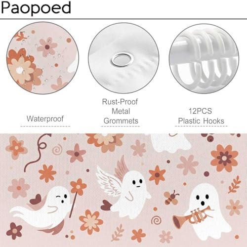 Cute Ghost Shower Curtain, 72 x 72 Inch Waterproof Polyester Bathroom Curtain with 12 Plastic Hooks, Pink Floral Halloween Bath Curtain for Tub Shower Decor