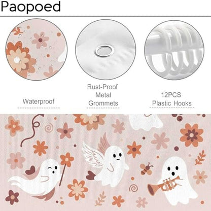 Cute Ghost Shower Curtain, 72 x 72 Inch Waterproof Polyester Bathroom Curtain with 12 Plastic Hooks, Pink Floral Halloween Bath Curtain for Tub Shower Decor