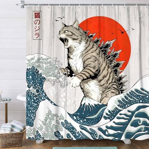 JAWO Funny Cat Shower Curtain, Japanese Ocean Wave Cat Fun Shower Curtain Nautical Kids Children Rustic Wooden Farmhouse Shower Curtains, 36X72inch