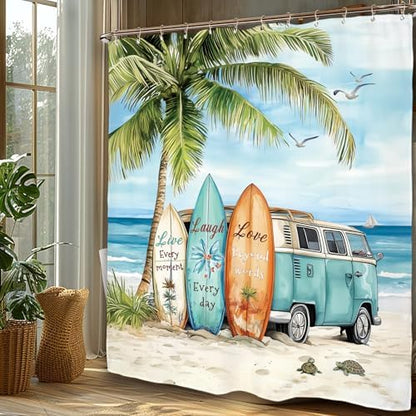 Miyotaa Coastal Beach Palm Surfboard Shower Curtain Set 60Wx71H Inches Ocean Summer Tropical Scenery Hawaii Camping Waterproof Bathroom Curtain with 12 Hooks
