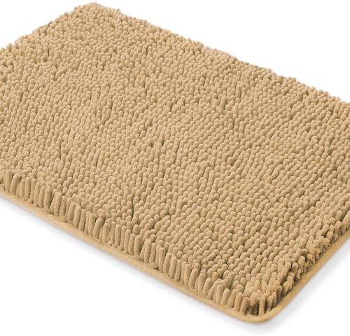 Yeaban Chenille Beige Bathroom Rug 24"x36", Non-Slip Rubber Backing