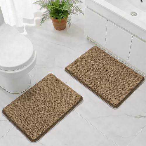 Bcoimo Bath Rug Mat Sets, 2 Piece Extra Soft Chenille Tan Bathroom Mat Set