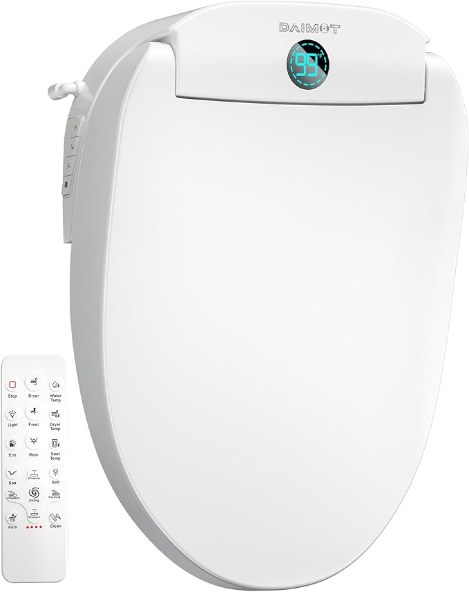Elongated Heated Bidet Toilet Seat with Dual-Control Panel, LED Display, Instant Warm Water & Air Dryer, Self-Cleaning Nozzle, Soft-Close Lid, UV Nightlight, Child/ECO/Silent Modes