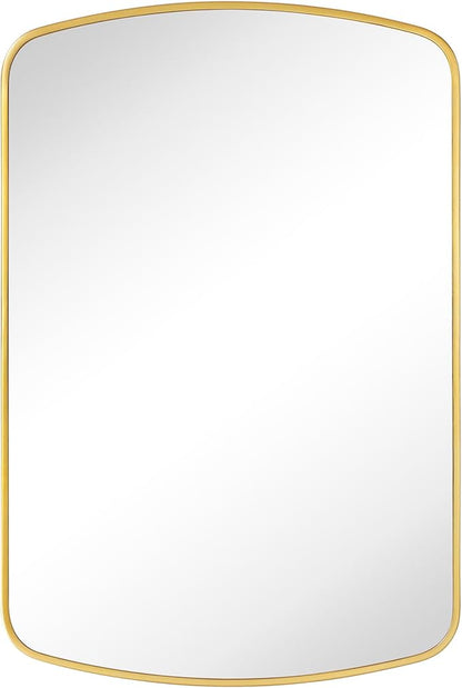 Brushed Gold Arched Recessed and Surface Mount Bathroom Medicine Cabinet with Mirror Metal Framed Rectangular Bathroom Cabinet with 3 Tempered Glass Adjustable Shelves 18x27''