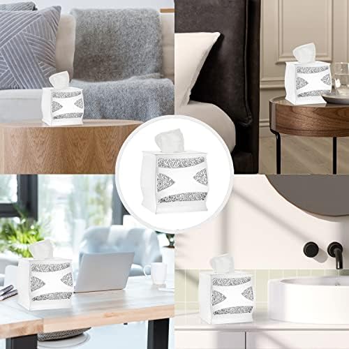 Zahari Home 2pc Sinatra White Modern Bath Accessories Set Waste Basket & Tissue Box Modern Decorative Beautiful Designs Bathroom Decor Set for Home Luxury Bath Set Mosaic Glass