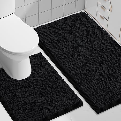 Smiry Chenille Bathroom Rugs Sets 2 Piece (30x20+ U Shape 24x20, Black)