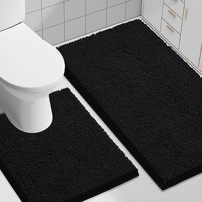 Smiry Chenille Bathroom Rugs Sets 2 Piece (30x20+ U Shape 24x20, Black)