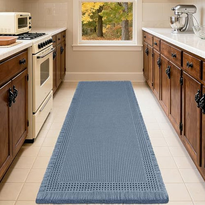 IM HOME Upgrade Waffle Bath Mat, Boho Bathroom Rugs Absorbent Non Slip, Ultra Soft Bathroom Mat, Machine Washable Knit Bath Rugs with Border for Bathroom, Bedroom, Kitchen, Shower, Tub, 36"x24", Blue