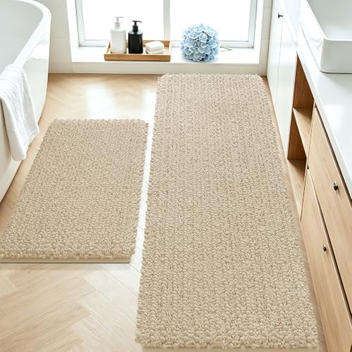 ACCUMTEK Upgrade Luxury 2 Piece Beige Toilet Bathroom Rug Mat 60"x20"+32"x20", Ultra Soft Thick Absorbent Bath Mats, Non Slip Chenille Toilet Mat for Bathroom, Bedroom, Kitchen, Shower, Tub