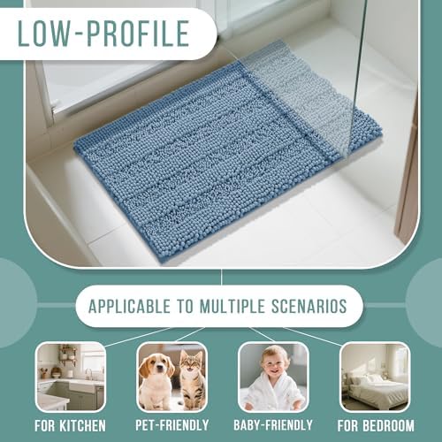 Yimobra Bathroom Rug Mat 24 x 17, Non Slip and Super Absorbent Bath Mat,Machine Washable Quick Dry,Ultra Plush Chenille Shower Rugs for Bathroom Floor Sink Tub and Shower Outside,Denim Blue