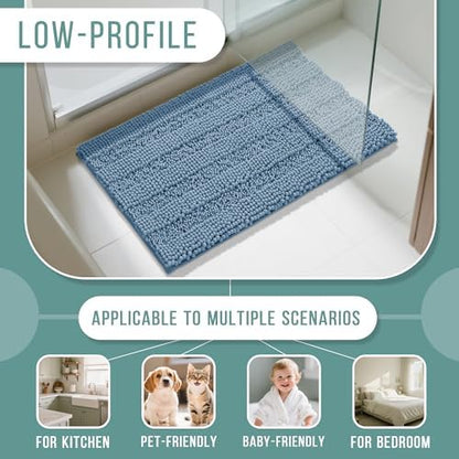 Yimobra Bathroom Rug Mat 32 x 20, Non Slip and Super Absorbent Bath Mat,Machine Washable Quick Dry,Ultra Plush Chenille Shower Rugs for Bathroom Floor Sink Tub and Shower Outside,Denim Blue