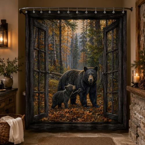 Rustic Bear Shower Curtain, Cabin Forest Window Scene 72x72 inch