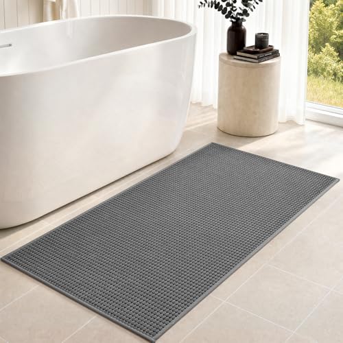 tchdio Bathroom Runner Rug, Absorbent Washable Thin Bath Mat, Non Slip Quick Dry Bath Rugs with Solid Rubber Backing, Low Profile Bath Mat, Grey, 24" x 48"