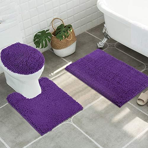ITSOFT 3pc Non-Slip Shaggy Chenille Bathroom Mat Set, Includes 24"" x21 U-Shaped Contour Toilet Rug, 34"" x21 Bathmat and 1 Toilet Lid Cover, Lilac