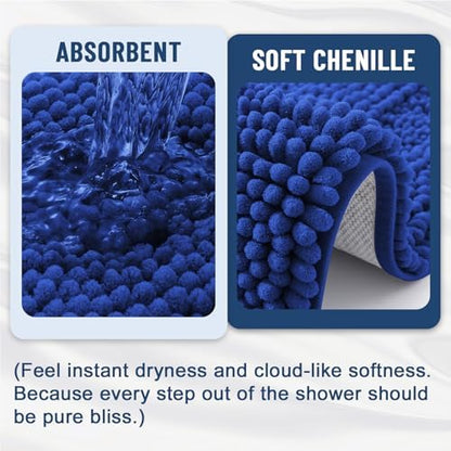 Grandaily Chenille Striped Bathroom Rugs 24x16, Extra Thick and Absorbent Bath Mats, Non-Slip Soft Plush Shaggy Shower Carpet, Machine Wash Dry, Bath Rug for Bathroom, (Small, Cobalt Blue)