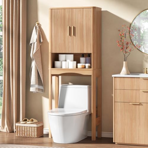Vabches Farmhouse Over the Toilet Storage Cabinet with 2 Fluted Doors, Oak