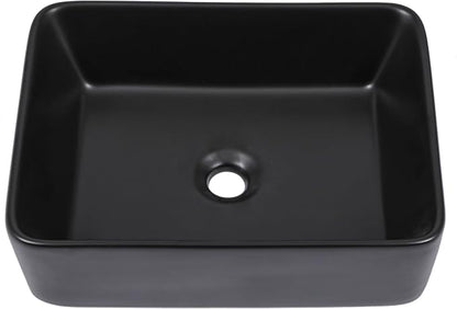 Dcolora Black Vessel Sink Rectangle 16"x12" Matte Black Bathroom Vessel Sink Rectangular Above Counter Ceramic Porcelain Lavatory Vanity Sink Bowl Basin