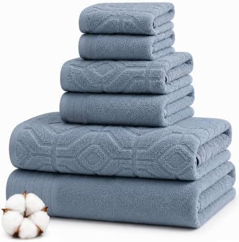 Modern Threads 6 Piece Bath Towel Set – Bathroom Towel Set with 2 Bath Towels, 2 Hand Towels & 2 Washcloths – 100% Cotton, Soft & Absorbent – Geometric (Blue)