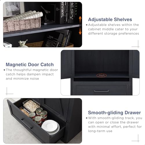 Farmhouse Kitchen Pantry Cabinet - 72" Tall Wood Kitchen Storage Cabinets with Adjustable Shelves & 2 Barn Doors & Drawer, Versatile Storage for Dining Room, Bathroom, Utility Room, Antique Black