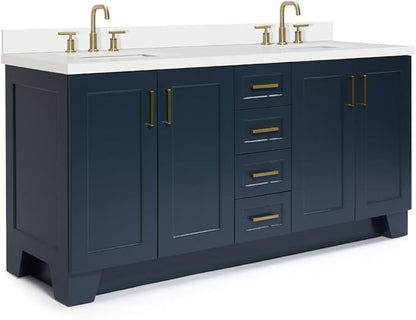 ARIEL Taylor 72-inch Bathroom Vanity with Sink,Solid Wood, 1.5-inch Pure White Quartz Countertop, Double Rectangular Porcelain Sink, 4 Soft Closing Doors, 6 Dovetail Drawers, Midnight Blue