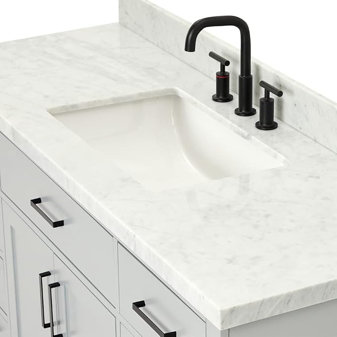 ARIEL Hepburn 60-inch Bathroom Vanity with Sink,Solid Wood, 1.5-inch Italian Carrara Marble Countertop, Single Rectangular Porcelain Sink, 2 Soft Closing Doors, 9 Dovetail Drawers, Grey