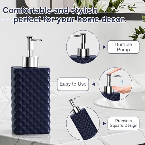 Bathroom Accessories Set Resin 6PCS, Square Toothbrush Holders Set Complete with Soap Dispenser, Vanity Tray, Tumbler, Cups and Cotton Swab Jars (Navy Diamond, Resin Bath 6 PCS)
