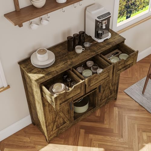 Viaozutis Storage Cabinet, Coffee Bar Cabinet with 2 Adjustable Shelves, 3 Drawers, and 2 Doors, for Bathroom, Kitchen, Living Room (Retro)