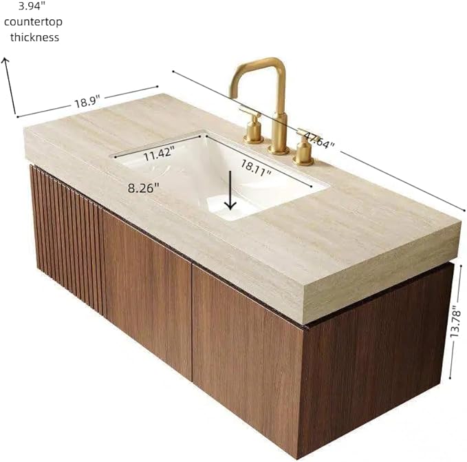 KEIKI 48 Inch Floating Bathroom Vanity with Sink, Modern Wall Mounted Storage Cabinet with Drawer, Pre-assembled Waterproof Wood Panels, Sintered Stone Top & Ceramic Basin Combo Set, Brown Oak & Beige