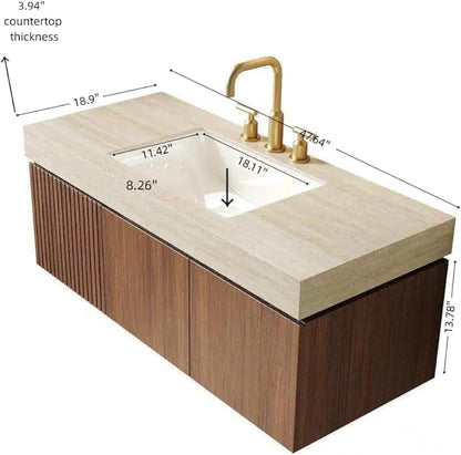 KEIKI 48 Inch Floating Bathroom Vanity with Sink, Modern Wall Mounted Storage Cabinet with Drawer, Pre-assembled Waterproof Wood Panels, Sintered Stone Top & Ceramic Basin Combo Set, Brown Oak & Beige