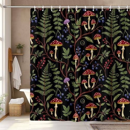 Boho Mushroom Shower Curtain, Rustic Vintage Dark Botanical Fern Forest Plant Leaves Nature Bath Curtain, Cute Black Cottagecore Aesthetic Woodland Bathroom Accessories with Hooks, 72 x 72 Red Green
