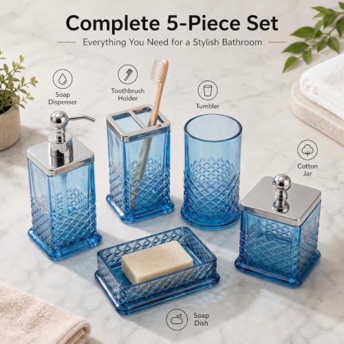 JKE Bathroom Accessories Set, 5-Pack Vintage Thick Glass Soap Dispenser and Toothbrush Holder Set for Bathroom Counter, Blue