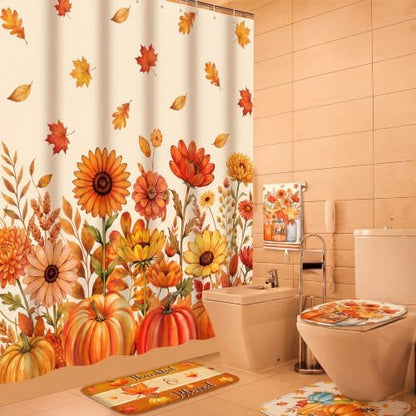 Honoson 8 Pcs Fall Shower Curtain Set, Autumn Thanksgiving Bathroom Set