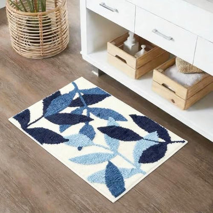 Bath Mat Leaves Blue Area Rug Non-Slip Soft Absorbent Bathroom Rugs Machine Washable Bath Rug Floor Carpet Entryway Door Mat for Tub Shower Decor 19.5 X 31.5 Inches
