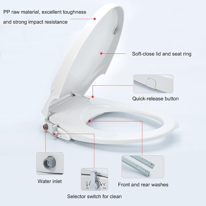 Non-Electric Bidet Toilet Seat, Round Fit with Quiet-Close Lid, Dual Nozzles for Rear & Feminine Wash, Easy DIY Installation