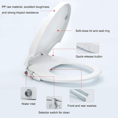 Non-Electric Bidet Toilet Seat, Round Fit with Quiet-Close Lid, Dual Nozzles for Rear & Feminine Wash, Easy DIY Installation