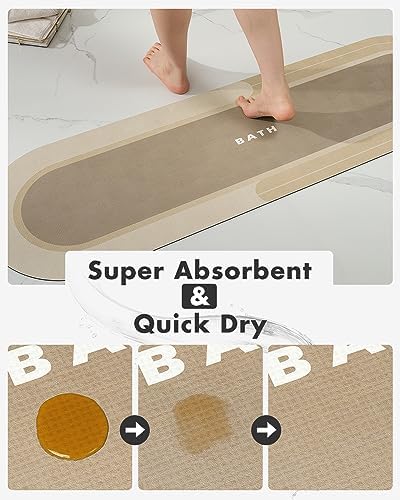 MontVoo Bath Mat Runner - Long Non Slip Absorbent Quick Dry Thin Bath Rug for Bathroom Floor Mat - Rubber Backed - Stain Resistant - Easy Care - Beige 17"x50"