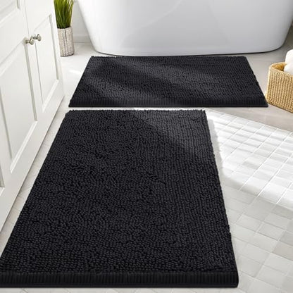 Smiry Chenille Bathroom Rugs Sets 2 Piece (30x20+24x16, Black)