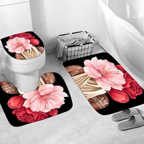 4 Pcs Black Girl Shower Curtain Sets African American Woman Red Rose Floral Quotes Non-Slip Rugs Bath Mat Toilet Cover U Shaped Mat Shower Curtain with 12 Hooks Bathroom Set