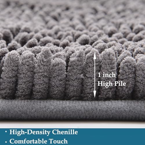 Bathroom Rugs Set 2 Piece Bathroom Mats Bath Rugs Non Slip Bath Rugs for Bathrooms, Thick Soft Chenille Rug Set, Bathtub Mats, Ultra Absorbent Bath Carpet, Shaggy Bathrooms Floor Mat, Deep Grey
