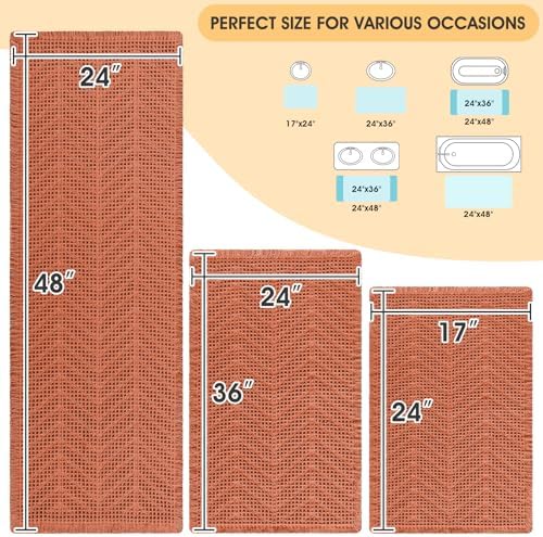 Upgrade Waffle Bath Mat Set 3 Piece, Boho Bathroom Rugs Absorbent Non Slip, Soft Bathroom Mats, Machine Washable Knit Bath Rugs with Herringbones for Bathroom, Bedroom, Kitchen, Shower, Burnt Orange