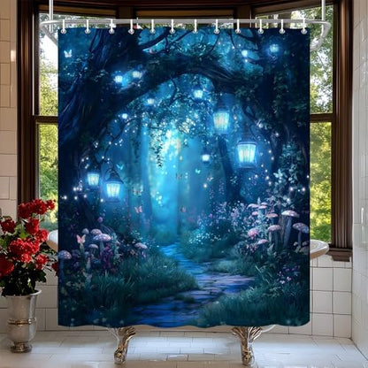 Fantasy Forest Path Shower Curtain Blue Fairy Magical Enchanted Misty Jungle Mushroom Floral Tree Butterfly Lantern Wonderland Bath Curtain Fabric Bathroom Accessories Decor with Hooks 70W x80L